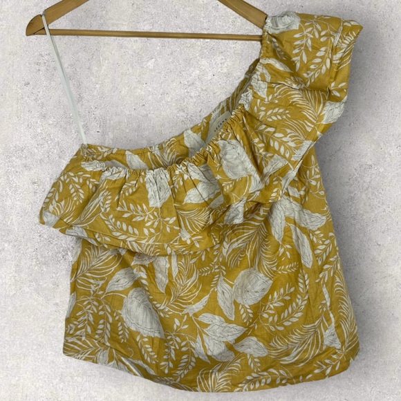 Sezane Linen Adeline One Shoulder Ruffle Top Blouse Yellow Size 42 French US 10 - Picture 5 of 13